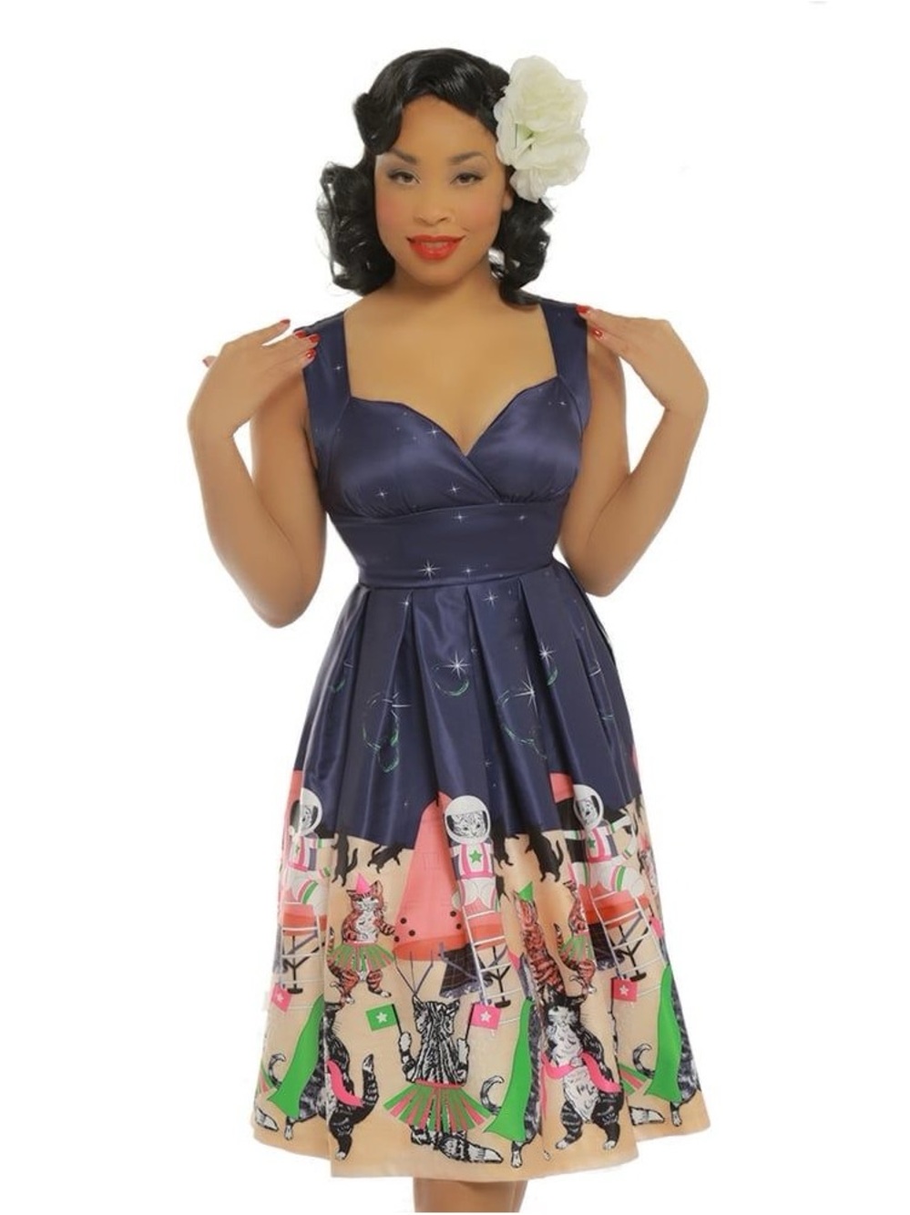 Lindy Bop Lola Blue Satin Venus Cats retro Space dress size 16